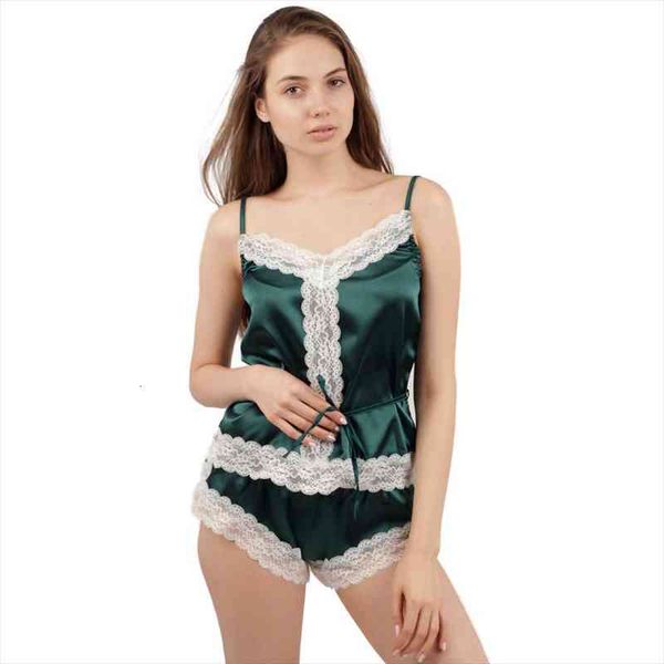 

lace trim satin cami with shorts spaghetti shirt pajamas set contrast lace nightwear summer sleepwear for women, Black;red