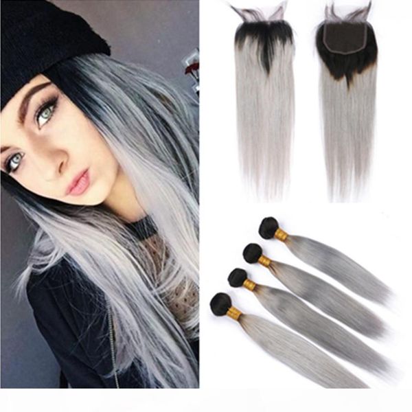 

#1b grey ombre peruvian hair bundles and closure dark root silver grey ombre straight human hair weaves 4 bundles with lace closure 4x4&quot, Black;brown