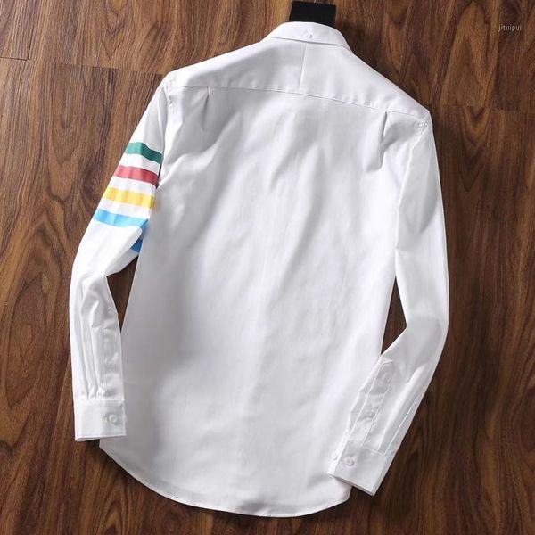 

spring new brand blue and white ribbon mens smart casual shirts slim fit long sleeve rainbow striped couple wear1, White;black