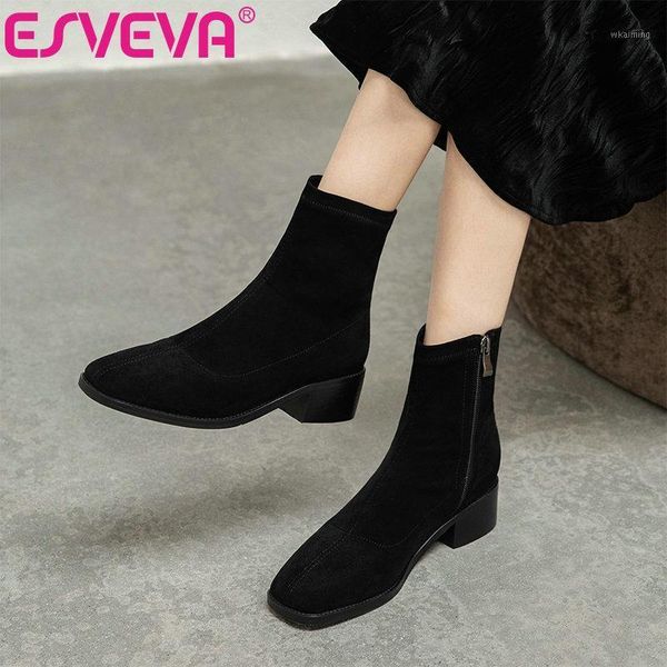 

boots esveva 2021 pu leather ankle women winter shoes square toe med heel classic zipper size 34-421, Black