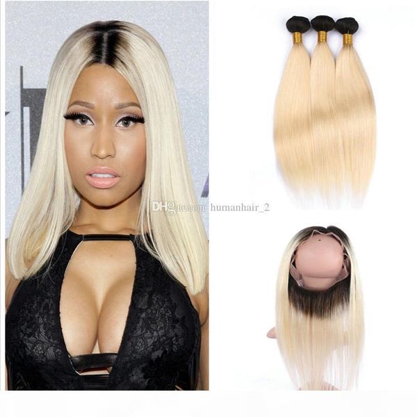 

8a ombre hair with 360 lace band frontal two tone 1b 613 platinum blonde ombre silk straight virgin human hair bundles with frontals, Black;brown