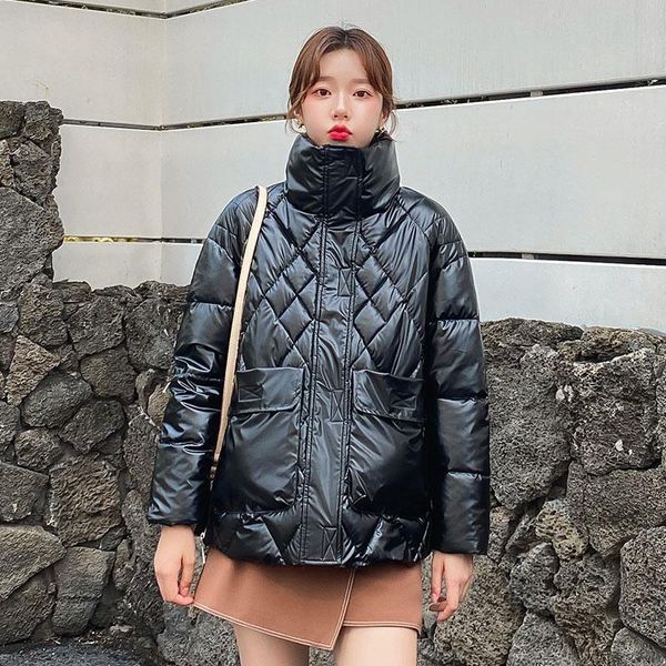 

fashion short stand collar parka solid color winter jacket women casual warm glossy coat, Black