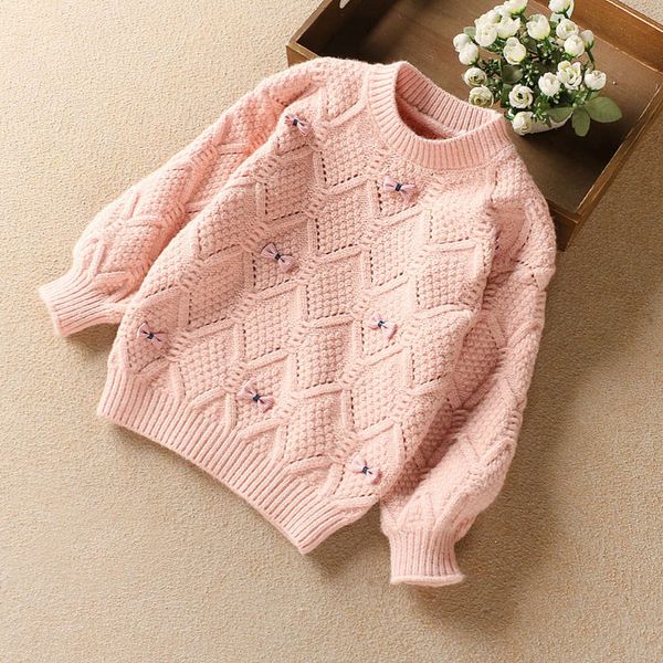 

sle foreign pullover 2020 girls' winter bowknot children's wear diamond check cashmere sweater 120-150 29dn, Blue