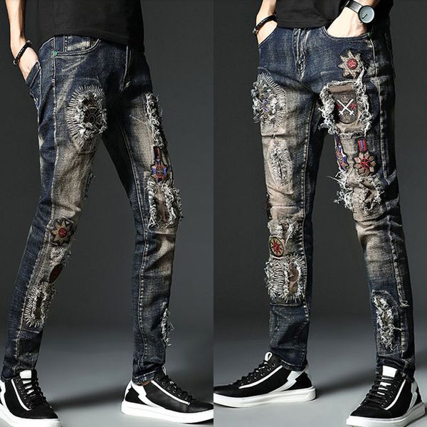 

men distressed ripped skinny jeans hole frayed printing slim tight jogger rock revival straight motorcycle pants hip hop men, Blue