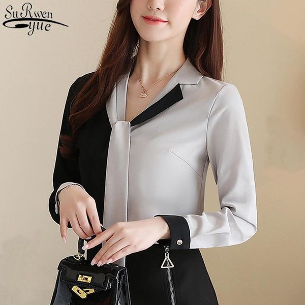 

women blouse autumn new style long-sleeve chiffon shirt 2021 korean loose women v neck plus size gray ladies clothing 10753, White