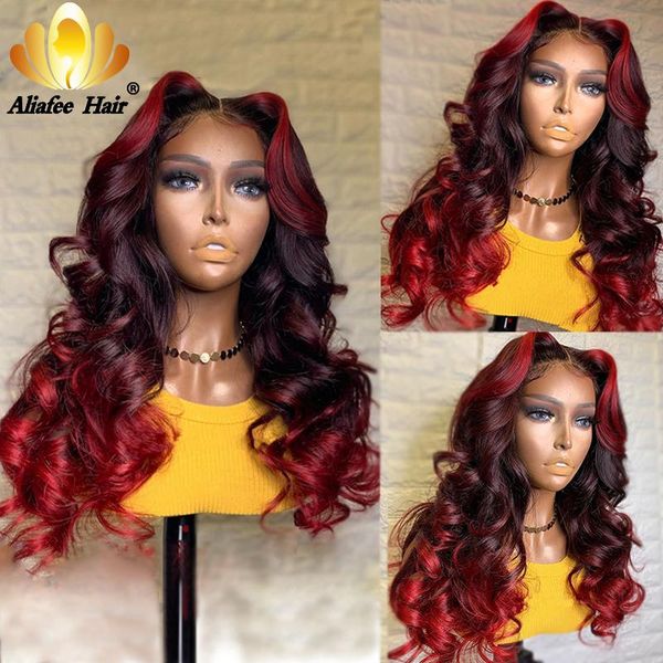 

lace wigs aliafee brazilian loose deep wave curly frontal human hair burgundy highlights 99j wig pre plucked for women, Black;brown