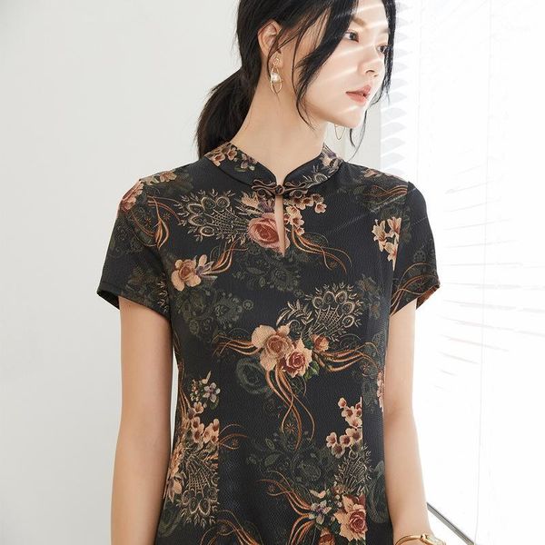 

new product] jinju spring and summer new style button buckle flower wild printing temperament self-cultivation silk silk dress1, Black;gray