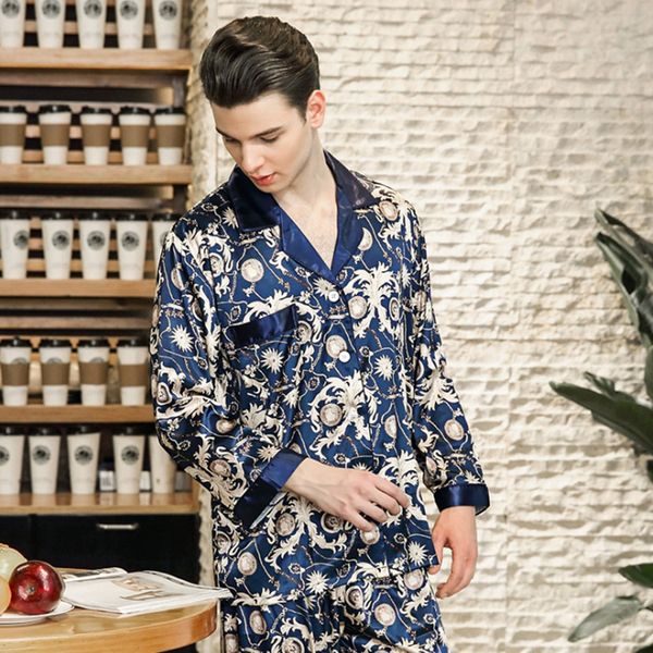 

new men satin silk pyjamas set long sleeve sleepwear male leisure home clothing modern style soft cozy open stitch printing, Black;brown