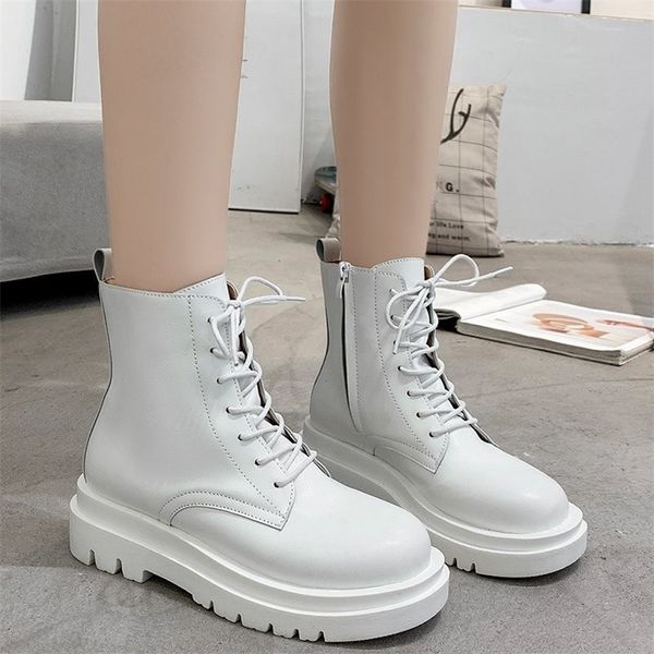 

cootelili women ankle boots platform round toe lace up 5cm heel boots for woman zip women shoes botas white black basic 35-40 201215