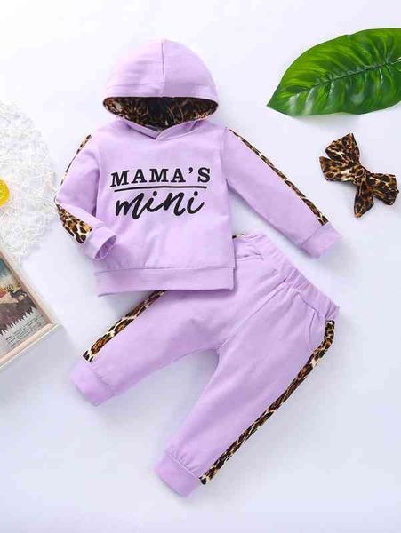 

baby girl leopard and letter graphic hoodie & sweatpants & headband she, Blue