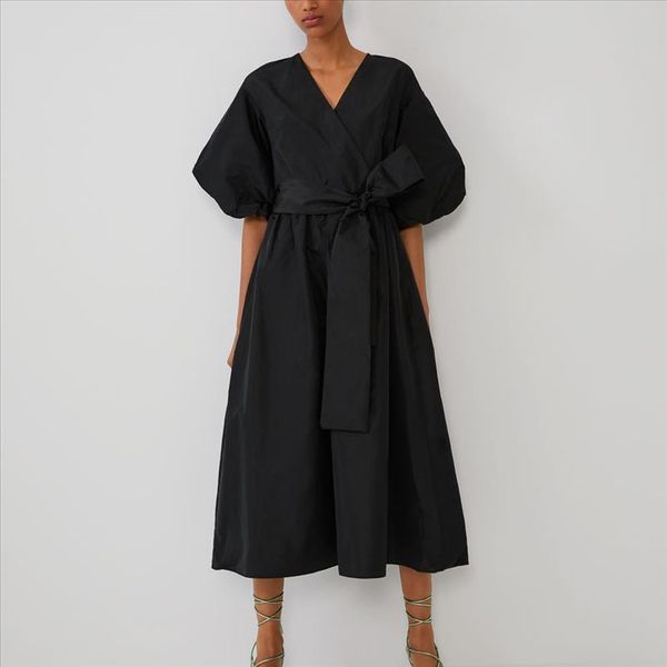 

2019 spring summer party dress black loose midi dress sashes bow half v neck women long street casual puff sleeve, Black;gray