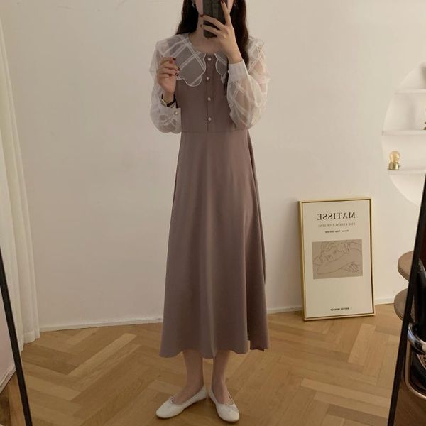 

winter spring 2021 new women long sleeve stitching fake two-piece dress elegant slim high waist ladies pleated dresses vintage, Black;gray