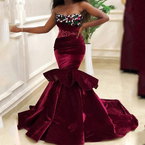 Burgund Mermaid Prom Kleid Perlen Blumen Abendkleider Kleider Schatz Sweetheart Zug Frauen Prinzessin Party Wear231u