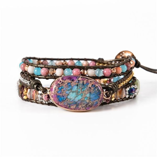 

leather wrap bracelet w/ stones multi color natural beads crystal weaving statement art bracelet gifts y200730, Black