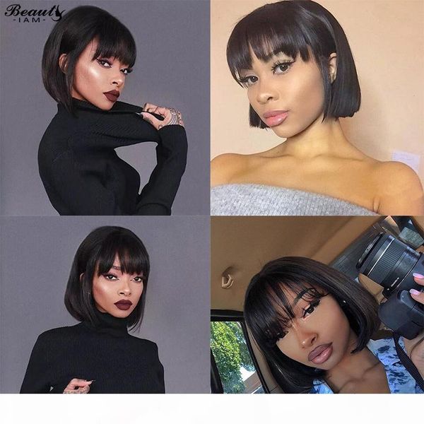

black straight silk base 4x4 lace closure human hair wigs with bangs for women glueless bleached