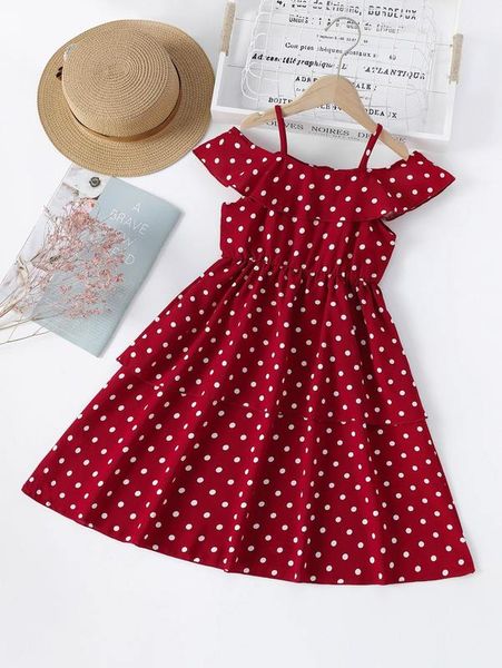 

toddler girls polka dot cold shoulder layered hem dress she, Red;yellow