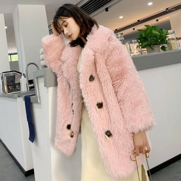 

women's fur & faux fluffy long coat women thicken winter fake streetwear horn button female fashion cardigan outerwear1, Black