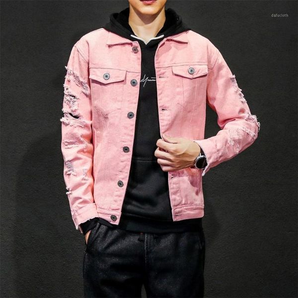

new plus size pink black ripped denim jeans jackets men hip hop streetwear holes casual fashion men cotton denim coats outwear1, Black;brown