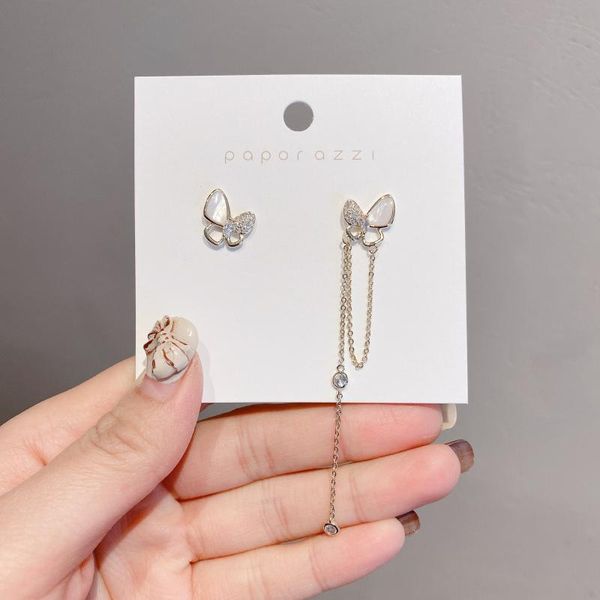 

dangle & chandelier simple asymmetric butterfly tassel long earrings for women shell clear zircon party temperament wedding fashion jewelry, Silver