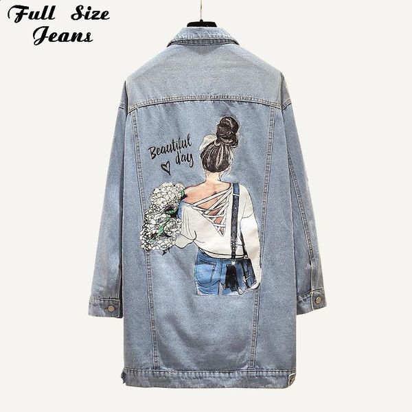 

plus size beauty girl print long jeans jacket 4xl spring midi long denim coats fashion chi korea light blue outwear mom jean, Black;brown