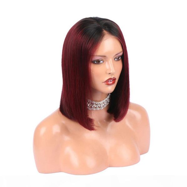 

two tone 99j human hair lace wig wine red silk straight middle part bob wig ombre burgundy full lace wig for black women, Black;brown