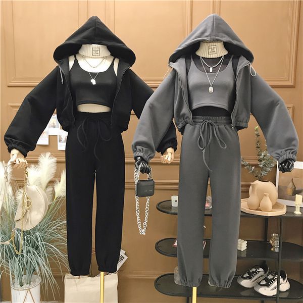 

2021 new 3 woman's ensemble parts; women's team sport long sleeves hoodie nightgown + high waist ankle strapped pants mnvw, Gray
