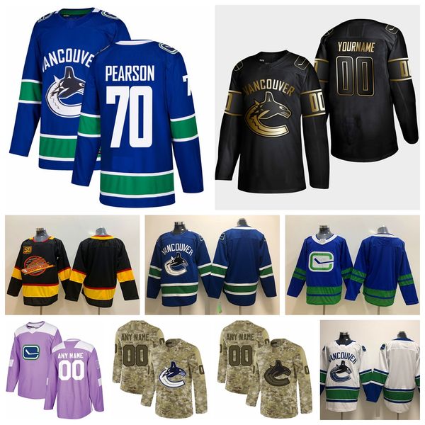 

2021 customize #70 tanner pearson vancouver canucks jerseys golden edition camo veterans day fights cancer custom stitched hockey jerseys, Black;red