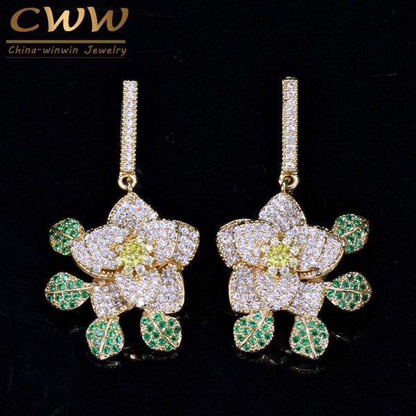 

dangle & chandelier cwwzircons gold color green cubic zirconia stones luxury micro pave flower drop earrings fashion brand prom jewelry cz27, Silver