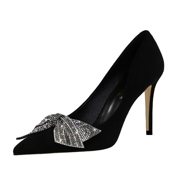 

2020 diamond bow women pump high heels single shoes female summer suede wedding party, Black