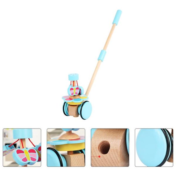 

1pc cartoon rotate cart baby adjustable trolley wood education sky-blue