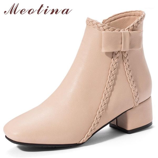 

meotina women boots autumn ankle boots pu leather bow chunky high heel short zipper square toe shoes female big size 33-431, Black
