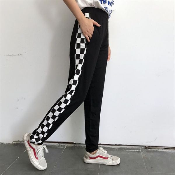 

women's harajuku style wild retro black and white grid stitching loose students men and women pants tide trousers for women1, Black;white