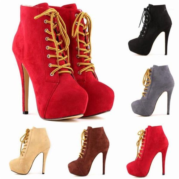 

round toe women pumps thin high heels shoes wedding party flock 14cm lace up ankle strap waterproof 2020 size 35-421, Black