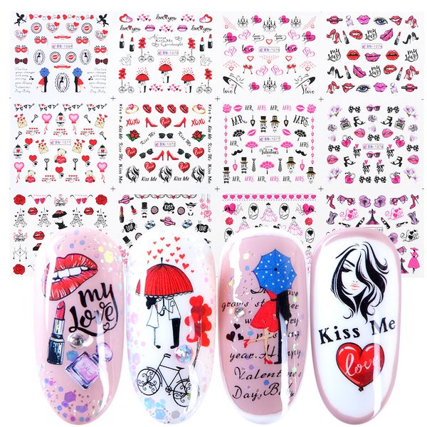 12 pcs Romantique Valentines Eau Stickers Curseurs Nail Art Décorations Autocollants Sexy Lèvres Fleur Coeur Tatouage Wraps JIBN1069-1080