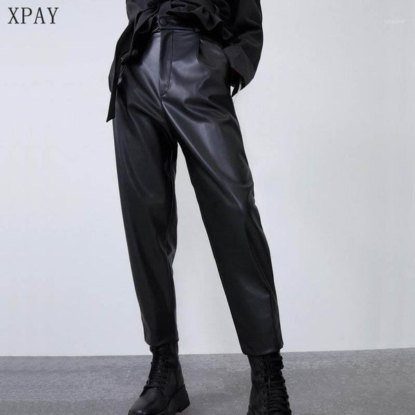 

2020 new spring autumn fashion elegant pocket streetwear women high waist black faux leather pants lady pu loose pencil trousers1, Black;white