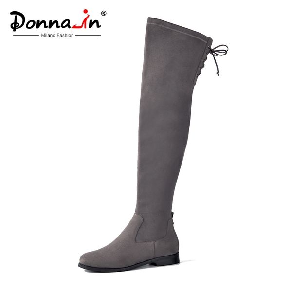 

donna-in women over the knee boots flat casual round toe lace up ladies high boots genuine leather new autumn winter women shoes t200425, Black