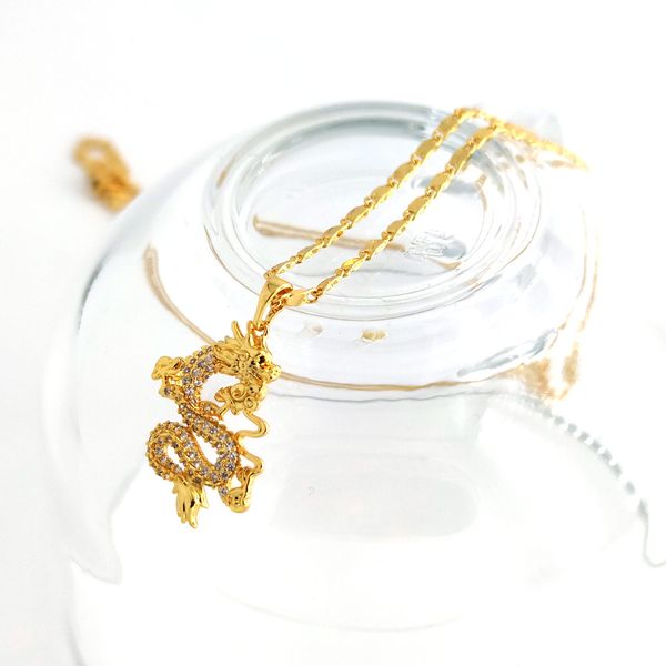 

18 k real solid yellow fine gold finish cz d*****d dragon pendant detailed 3d good luck usa dragon flat chain necklace, Black
