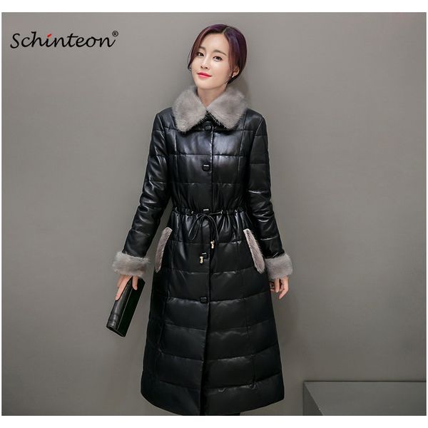 

schinteon женская зимняя кожаная длинная куртка с искусственной норкой меховой пальто темное снаряжение тонкое одежда регулируемая талия f s, Black