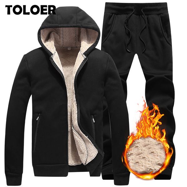 

winter men set warm thick hooded jacket+pants 2pc sets men lamb cashmere hoodies zipper tracksuit man sports suit plus size 5xl 201109, Gray