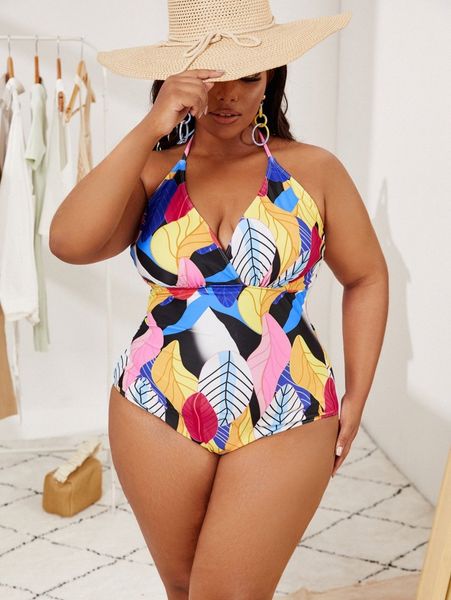 

plus leaf print halter one piece swimsuit 76xq#, Black