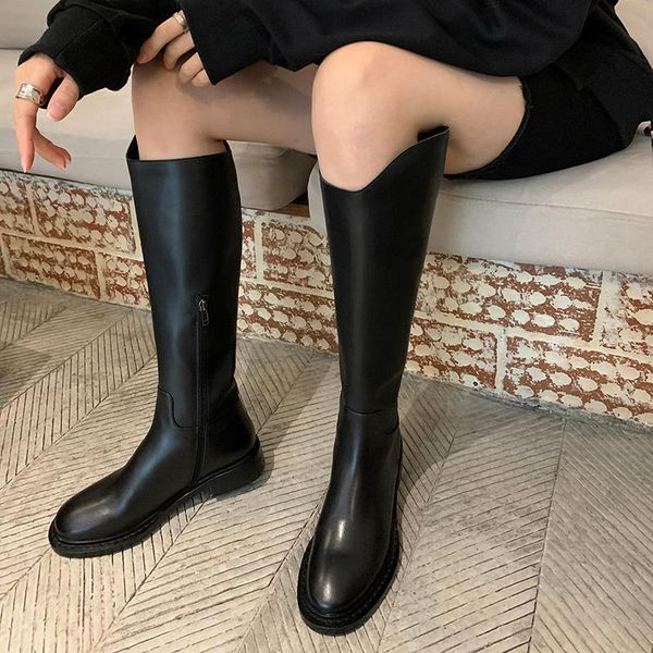 

2020 winter low-heeled flat long and calf women's boots fashion trend round toe plus velvet warm boots, Black
