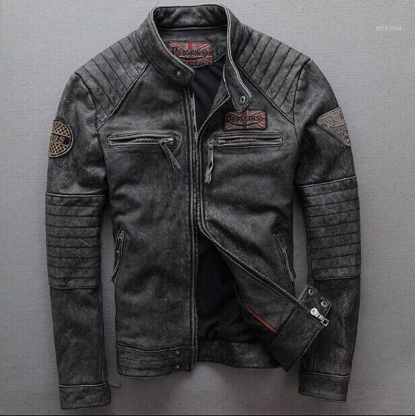 

2021 new vintage gray men slim goatskin genuine leather motorcycle jacket punk brand fashion quality pilot bomber jacket1, Black