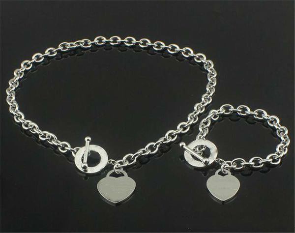 

christmas gift 925 silver love necklace+gracelet set wedding statement jewelry heart pendant necklaces gangle sets 2 in 1 g