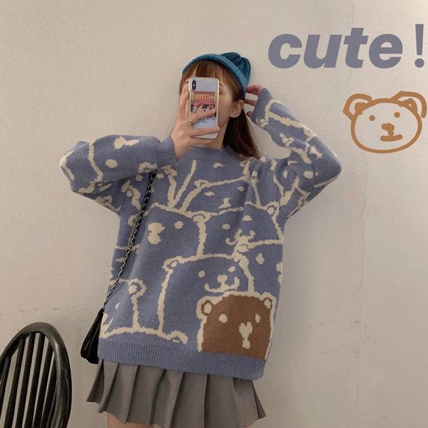 

women's sweaters woman sweater 2021 spring winter women clothes cute cartoon bear pattern loose long sleeve pullover, White;black