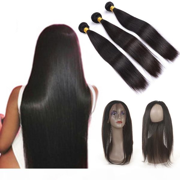 

malaysian 360 straight lace frontal closure with hair bundle 2 3 pcs hair extensions with 1 pcs 360 lace closure human hair weaves wefts, Black;brown