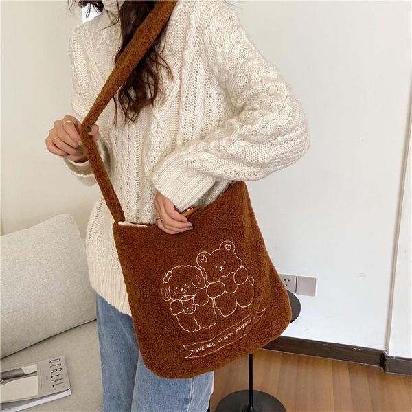 

winter soft plush women messenger bag cute eembroidery ladies shoulder bags student girl travel casual tote shopping handbags