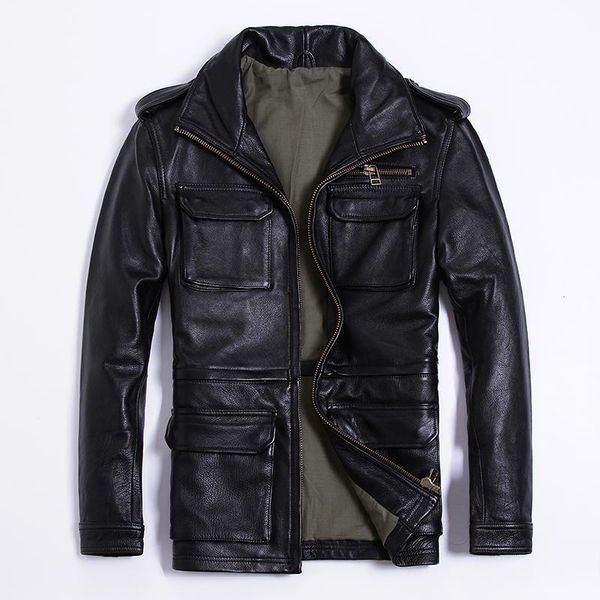 

men's leather & faux 2021 classic m65 jacket militaly genuine man multi-pockets thicken cowhide coat for men, Black