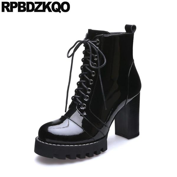 

boots shoes patent leather chunky fashion 9 lace up big size gothic platform punk women ankle plus booties 10 high heel genuine, Black