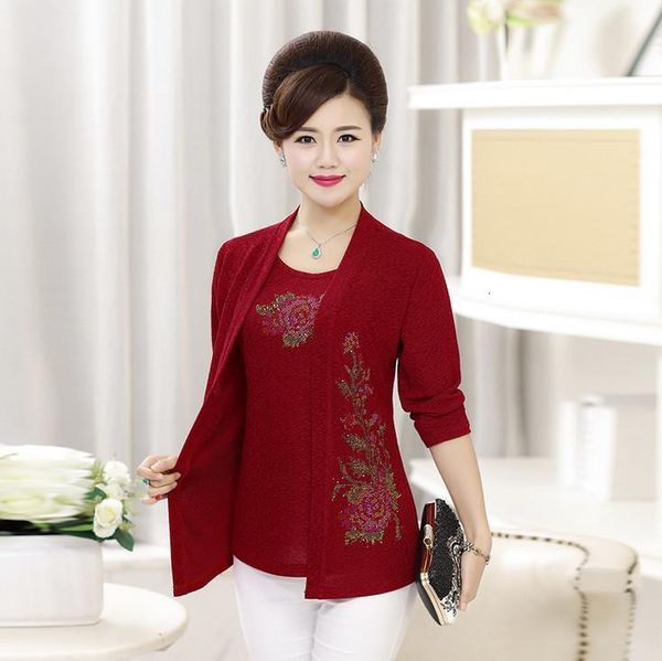 

fake two pieces t-shirts women long sleeves spring fall o-neck diamonds pullovers tee large size middle age mother shirt, White