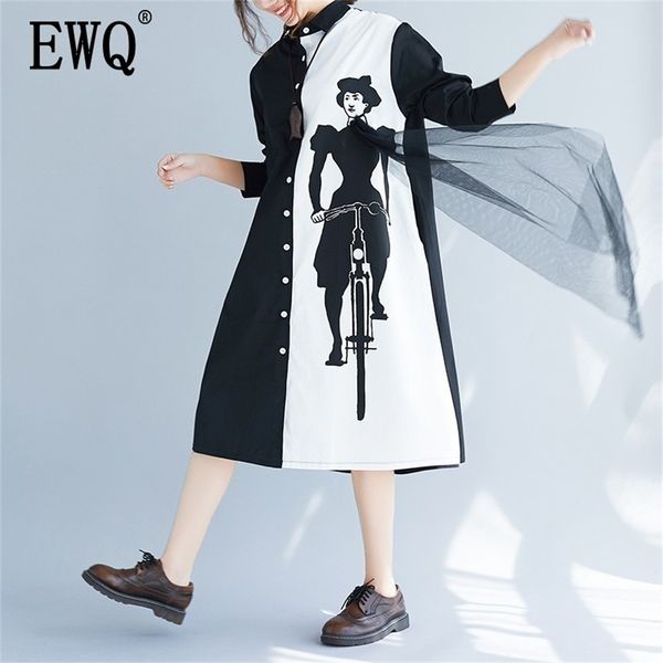 

[ewq] 2020 spring autumn new loose long sleeve print black white patchwork lapel single breasted loose shirt dress women aa250 lj200909, Black;gray
